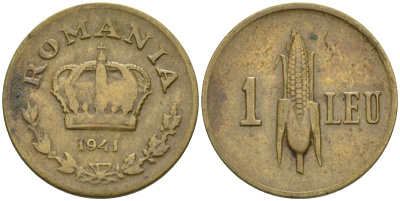 Румыния 1 лей 1941 Михай I (1940-1947), початок кукурузы KM 56 никель латунь    4608-138