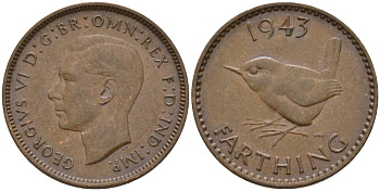 Великобритания 1 фартинг 1943 Георг VI (1936-1952) KM 843, Spink 4116 бронза 4596-964