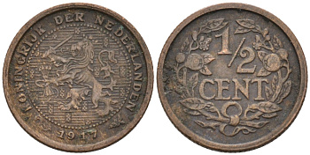 Нидерланды 1/2 цента 1917 Вильгельмина (1890-1948) KM 138 бронза 4576-412
