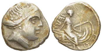 ДРЕВНЯЯ ГРЕЦИЯ, ЭВБЕЯ ТЕТРОБОЛ III-II вв. до н.э. ИСТИЭЯ, ГОЛОВА МЕНАДЫ / НИМФА ИСТИЭЯ, 1,53 гр SNG Cop. 317ff серебро 1073-11-67
