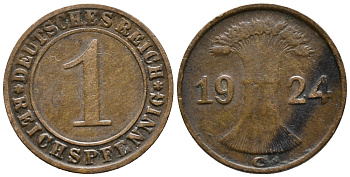 ГЕРМАНИЯ 1 РЕЙХСПФЕННИГ 1924 G KM 37, J. 313 бронза 39-855
