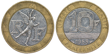 Франция 10 франков 1988 тип Гений Бастилии KM 964.1, Le Frank 375.2 биметалл 45-534