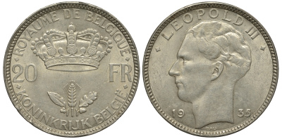 Бельгия 20 франков 1935 Леопольд III (1934-1950), BELGIЕ KM 105 серебро 114-843