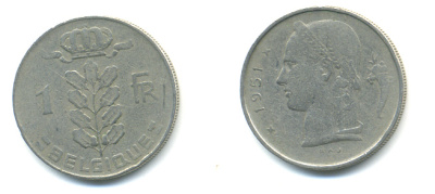 БЕЛЬГИЯ 1 ФРАНК 1951 BELGIQUE KM 142.1 медно-никель 86-1327