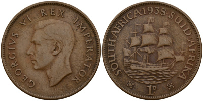 ЮАР 1 пенни 1938 Георг VI (1937-1952) KM 25 бронза 38-745