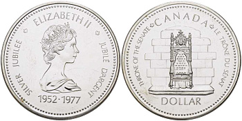 Канада 1 доллар 1977 25 лет вступлению на престол Королевы Елизаветы II KM 118 серебро UNC 01-084-14