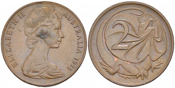 АВСТРАЛИЯ 2 ЦЕНТА 1975 ЕЛИЗАВЕТА II (1953-), ЕЛИЗАВЕТА II, МОЛОДОЙ ПОРТРЕТ, ПЛАЩЕНОСНАЯ ЯЩЕРИЦА (FRILLED LIZARD) KM 63 бронза 4519-444