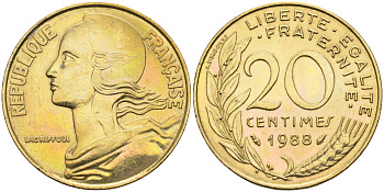 Франция 20 сантимов 1988 тип Marianne KM 930 медь алюминий никель    4177-134