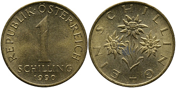 АВСТРИЯ 1 ШИЛЛИНГ 1990 KM 2886 алюминиевая бронза 33-454