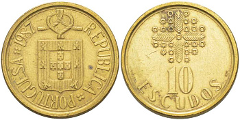 ПОРТУГАЛИЯ 10 ЭСКУДО 1987 KM 633 никель латунь 213-313
