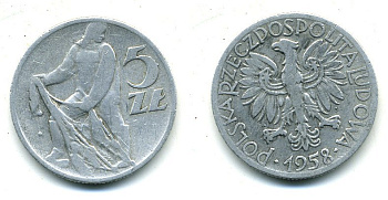 ПОЛЬША 5 ЗЛОТЫХ 1958 MW, РЫБАК KM 47 алюминий 59-141