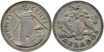 Барбадос 25 центов 1980 ветряная мельница Моргана Льюиса KM 13 медно-никель 4398-356