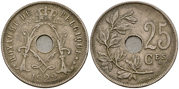 Бельгия 25 сантимов 1922 Belgique KM 68 медно-никель 28-845