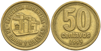 Аргентина 50 сентаво 1993 здание конгресса Тукумана, широкие буквы KM 111.2, CJ 5, Schon 112 алюминиевая бронза    60-446