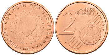 Нидерланды 2 евроцента 2004  КМ 235 сталь плакированная медью UNC   4160-1149
