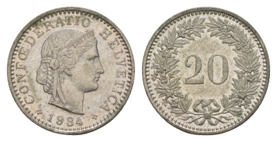 Швейцария 20 раппенов 1984 KM 29a медно-никель 4630-1025