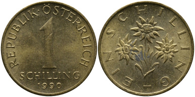 АВСТРИЯ 1 ШИЛЛИНГ 1990 KM 2886 алюминиевая бронза 33-454