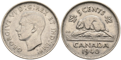Канада 5 центов 1940 бобр, Георг VI (1937-1952) KM 33 никель 4586-417