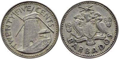 Барбадос 25 центов 1980 ветряная мельница Моргана Льюиса KM 13 медно-никель 4398-356