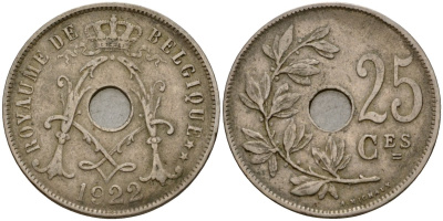 Бельгия 25 сантимов 1922 Belgique KM 68 медно-никель 28-845