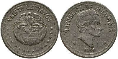 Колумбия 20 сентаво 1956 KM 215.1 медно-никель 4529-637