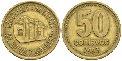 Аргентина 50 сентаво 1993 здание конгресса Тукумана, широкие буквы KM 111.2, CJ 5, Schon 112 алюминиевая бронза    60-446