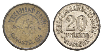 Дрезден трамвайный (транспортный) жетон в 20 пфеннигов ND Treuhand Bank Men05 5719.10, Men18 7136.4 цинк и картон 4582-1111