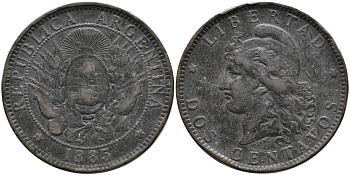 Аргентина 2 сентаво 1885 голова свободы влево KM 8 бронза 4531-531