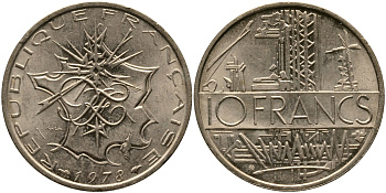 Франция 10 франков 1979 тип Матье KM 940, Le Franc 365.13-14 никель латунь 98-712