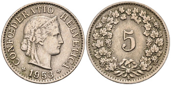 Швейцария 5 раппенов 1953 В KM 26 медно-никель 4594-616