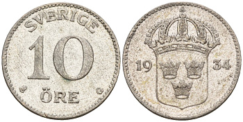 Швеция 10 эре 1934 G, Густав V (1907-1950) KM 780 серебро 4147-838