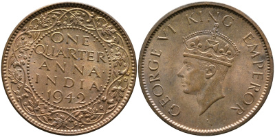 Британская Индия 1/4 анна 1942 Георг VI (1937-1952) KM 531 бронза aUNC 179-956