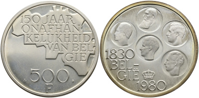 Бельгия 500 франков 1980 150 лет независимости, Belgie, Бодуэн I (1951-1993) KM 162 медно-никель покрытый серебром UNC 4527-912