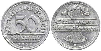ГЕРМАНИЯ 50 ПФЕННИГОВ 1920 D KM 27, J. 301 алюминий 24-935