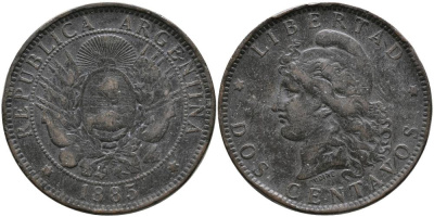 Аргентина 2 сентаво 1885 голова свободы влево KM 8 бронза 4531-531