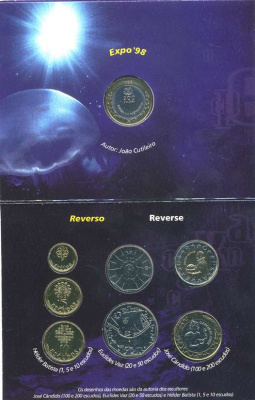 Португалия набор из 8 монет 1998 ЭКСПО 98, в оригинальном картонном буклете KM MS27 (KM 631-634, 636, 645.1, 655, 706) BUNC 5-4-3-16