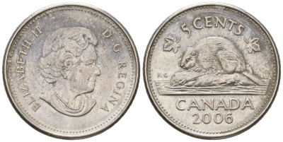 Канада 5 центов 2006 P, Елизавета II (1952-2022), бобер KM 491b сталь плакированный никелем aUNC 4381-546