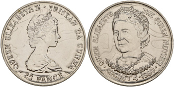 Тристан-да-Кунья 25 пенсов 1980 80 лет со дня рождения Королевы-Матери, в лаке KM 3 медно-никель UNC 4125-635