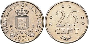 Нидерландские Антилы 25 центов 1976 Юлиана (1948-1980) KM 11 никель 4169-367