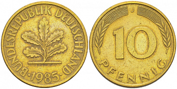 ФРГ 10 ПФЕННИГОВ 1985 J KM 108, J.383 сталь плакированная латунью 3718-832