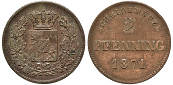 Бавария 2 пфеннига 1871 KM 478 медь 4556-944