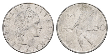 Италия 50 лир 1979 R, Бог огня Вулкан у наковальни KM 95.1 нержавеющая сталь 4523-1252