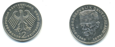 ФРГ 2 МАРКИ 1991 G, КУРТ ШУМАХЕР KM 149, J. 424 медно-никель плакированный никелем 76-446