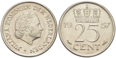 Нидерланды 25 центов 1957 Юлиана (1949-1980) KM 183 никель 214-923