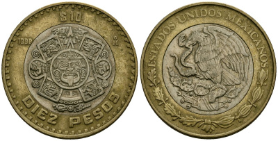 Мексика 10 песо 1998 Мо, бог Тонатиуха с огненной маской KM 616 биметалл 4120-336
