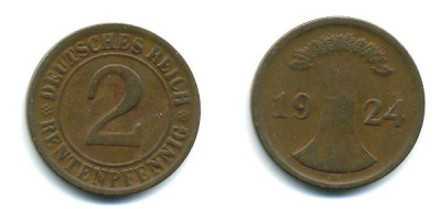 ГЕРМАНИЯ 2 РЕНТПФЕННИГА 1924 D J 307, KM 31 бронза 46-1238