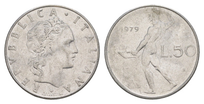 Италия 50 лир 1979 R, Бог огня Вулкан у наковальни KM 95.1 нержавеющая сталь 4523-1252