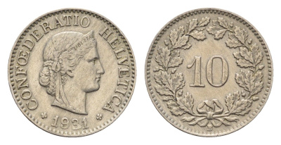 Швейцария 10 раппенов 1931 KM 27 медно-никель 4685-241