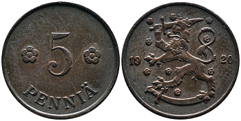Финляндия 5 пенни 1920 KM 22 медь 4387-425