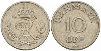 Дания 10 эре 1951 N; S, Фредерик IX (1947-1972) KM 841 медно-никель 3718-337